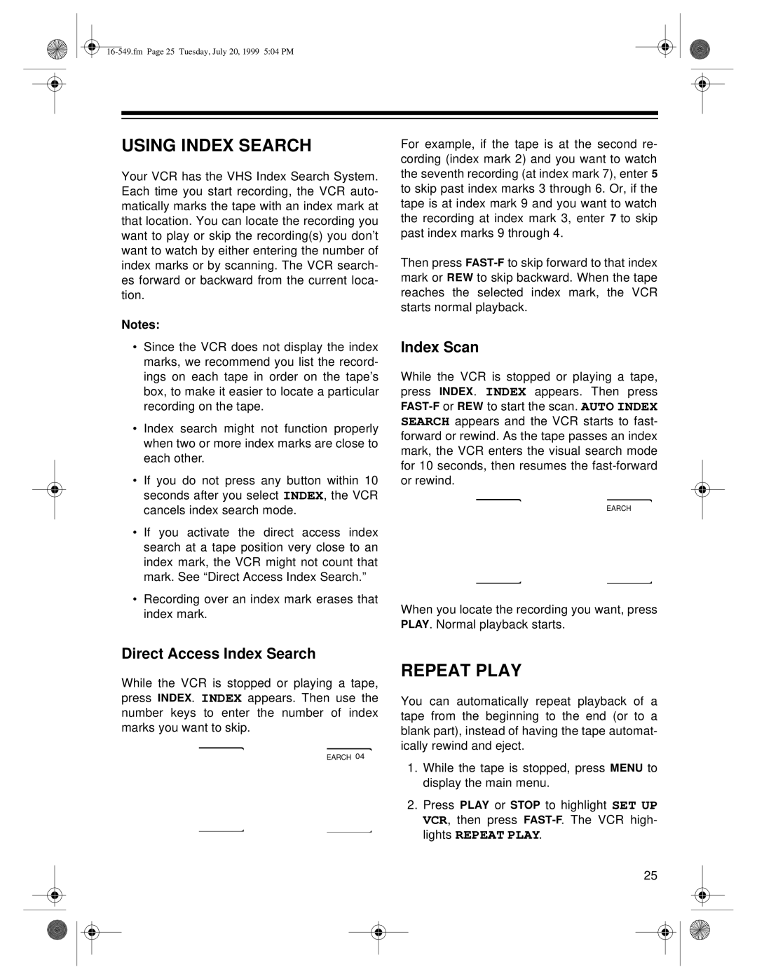 Radio Shack 62 (16-632), 112 (16-549), 113 (16-550) Using Index Search, Repeat Play, Index Scan, Direct Access Index Search 