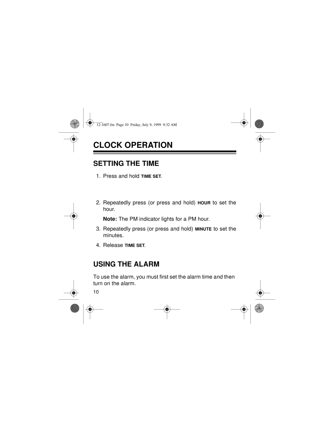 Radio Shack 12-1607 owner manual Clock Operation, Setting the Time, Using the Alarm 