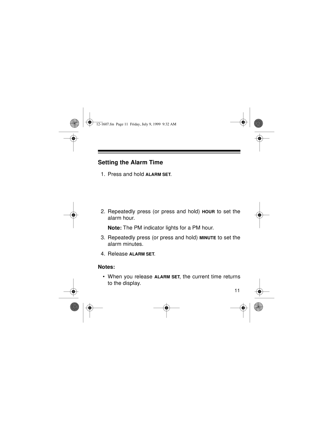 Radio Shack 12-1607 owner manual Setting the Alarm Time 