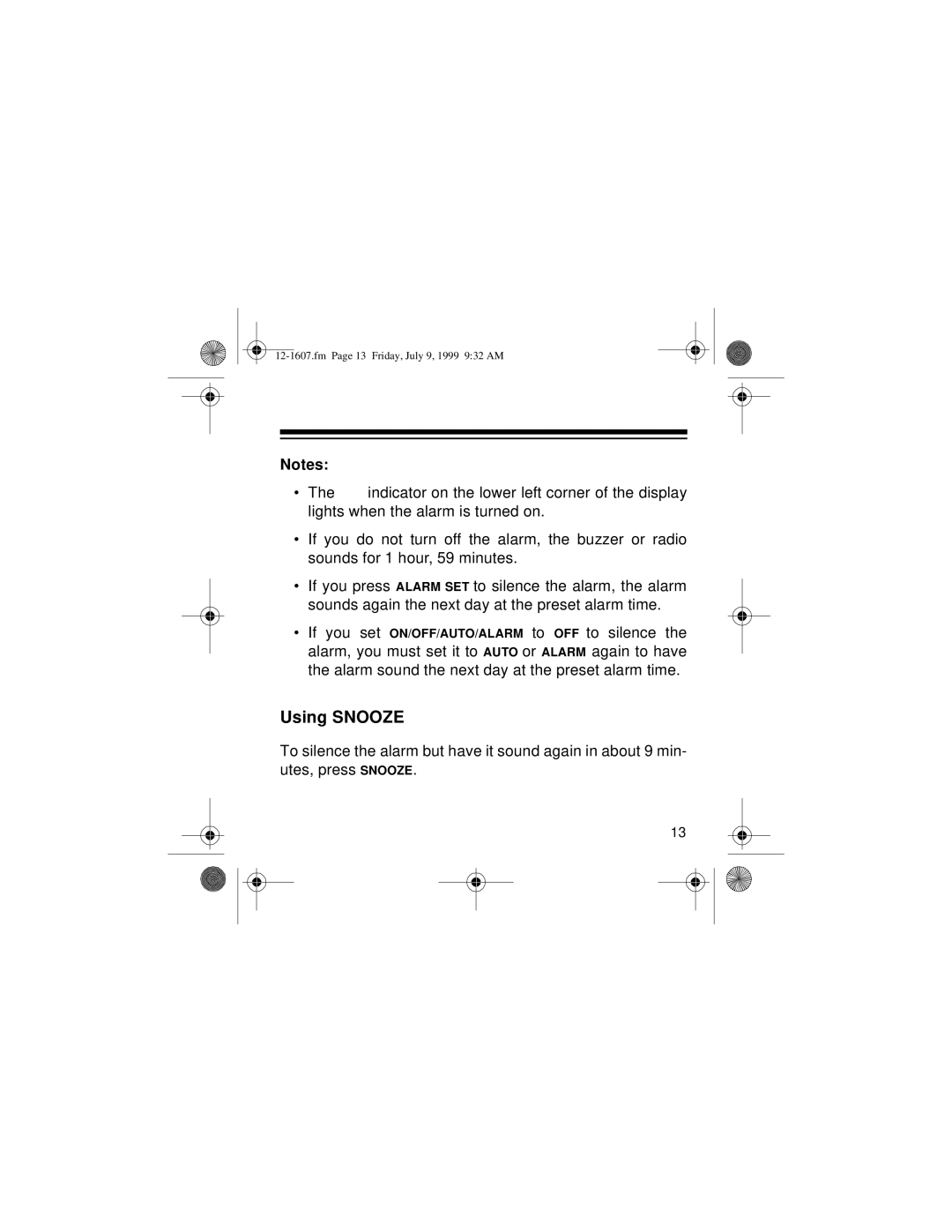 Radio Shack 12-1607 owner manual Using Snooze 