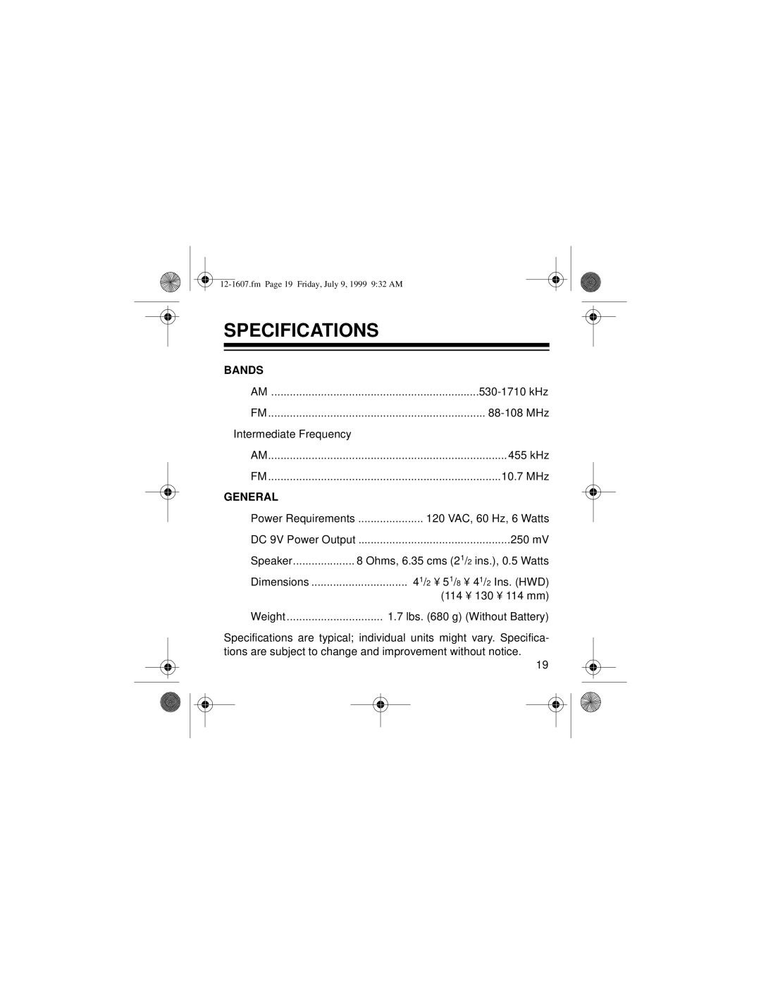 Radio Shack 12-1607 owner manual Specifications, General 