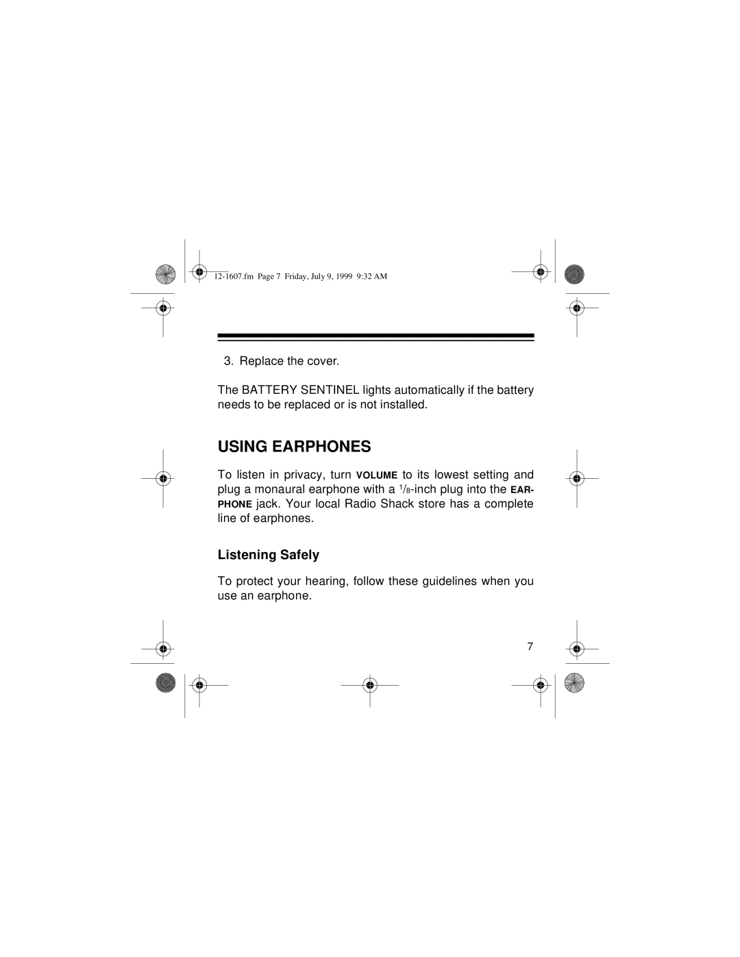 Radio Shack 12-1607 owner manual Using Earphones, Listening Safely 