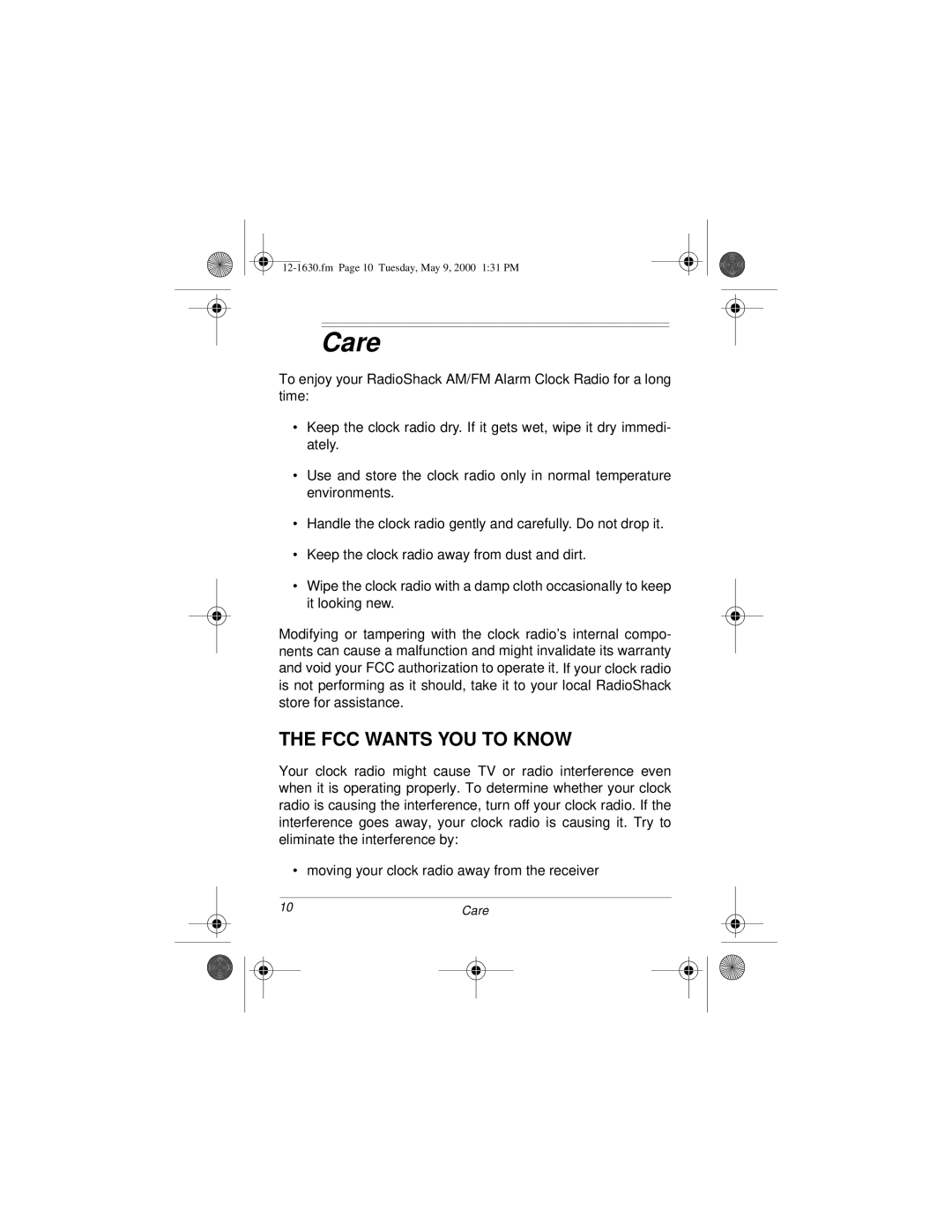 Radio Shack 12-1630 owner manual Care, FCC Wants YOU to Know 