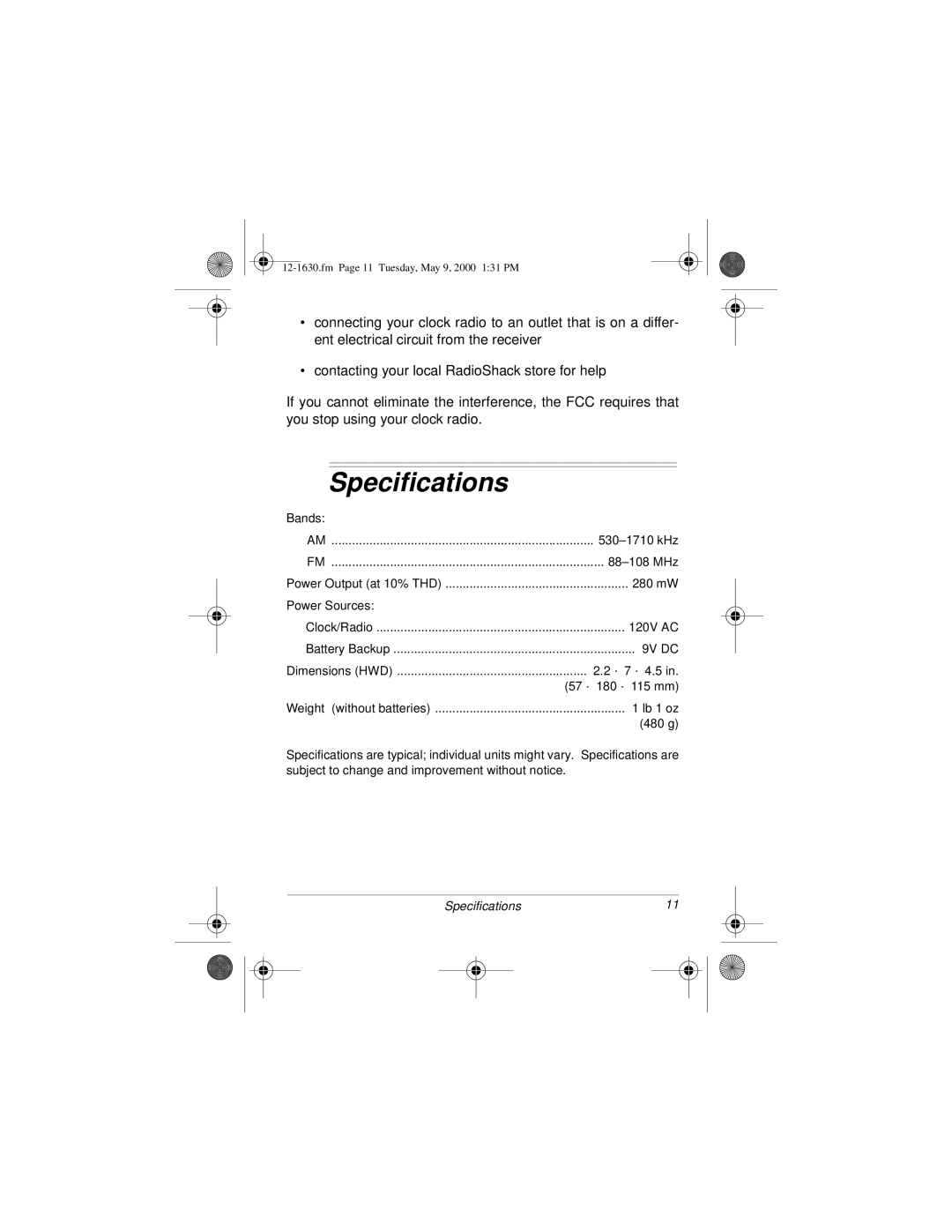 Radio Shack 12-1630 owner manual Specifications, 9V DC 