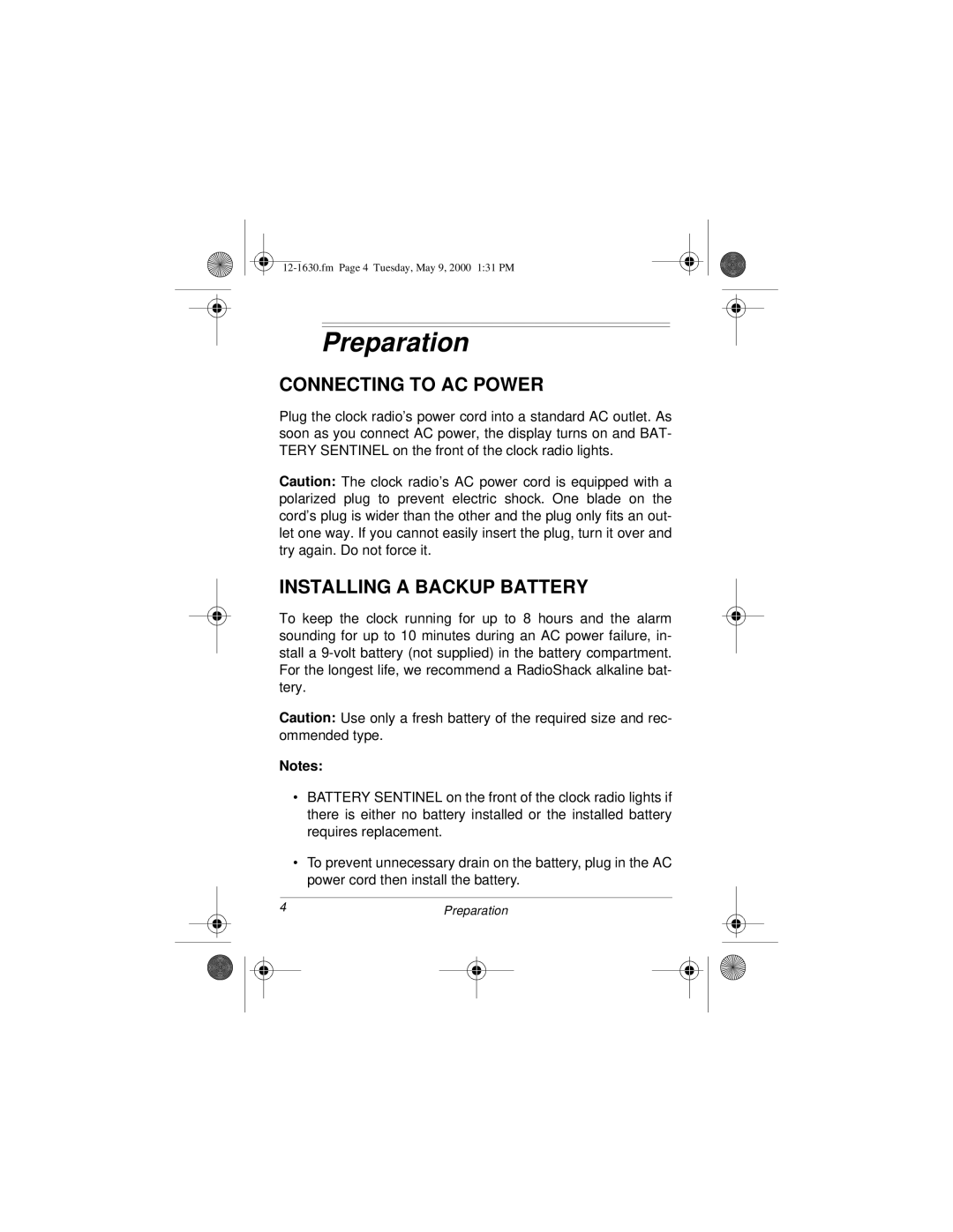 Radio Shack 12-1630 owner manual Preparation, Connecting to AC Power, Installing a Backup Battery 