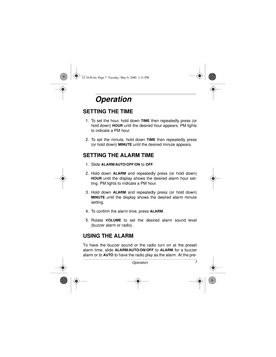 Radio Shack 12-1630 owner manual Operation, Setting the Time, Setting the Alarm Time, Using the Alarm 