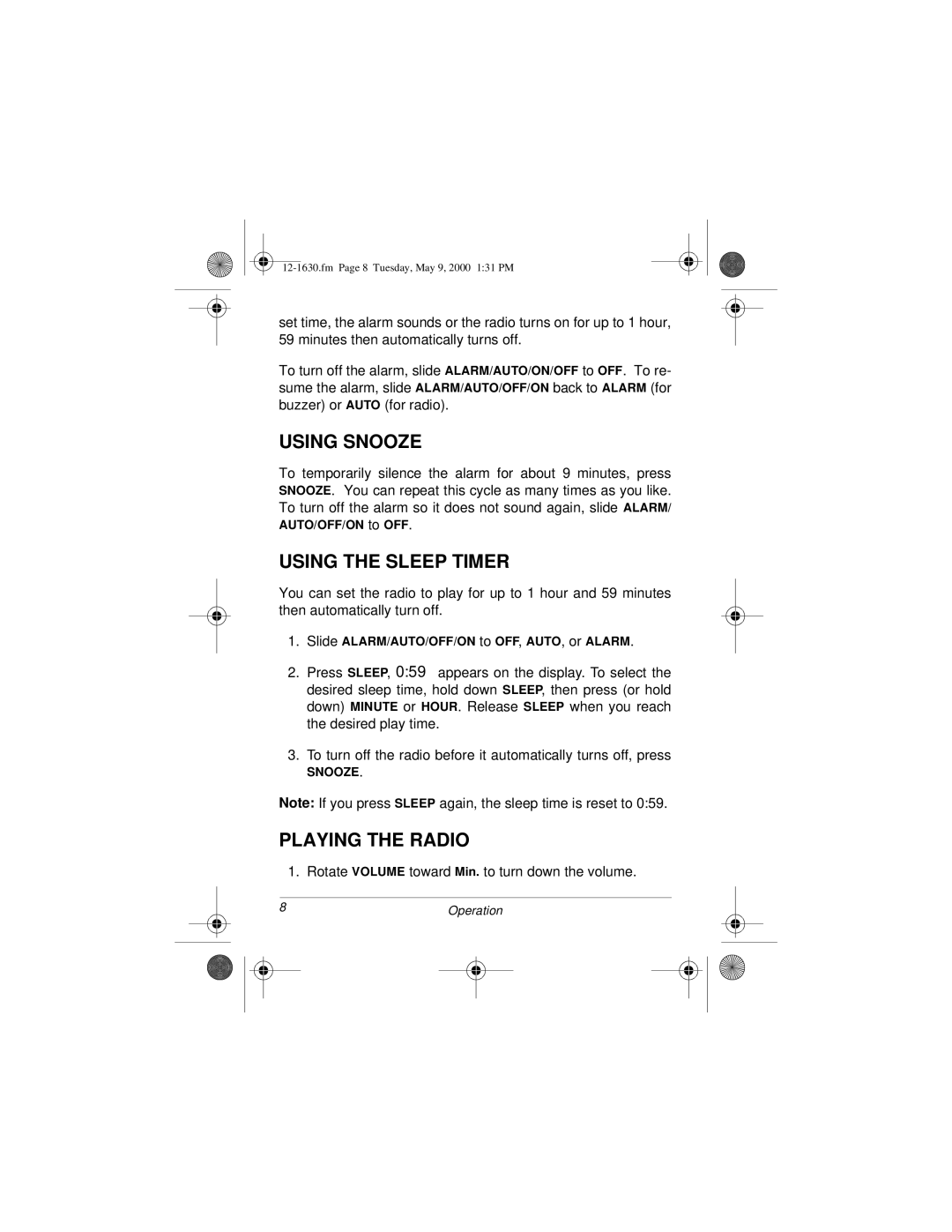 Radio Shack 12-1630 owner manual Using Snooze, Using the Sleep Timer, Playing the Radio 