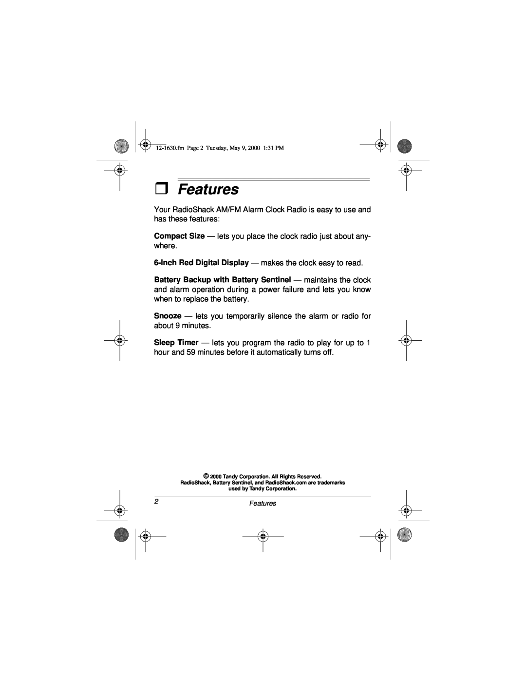 Radio Shack 12-1630 owner manual ˆ Features 