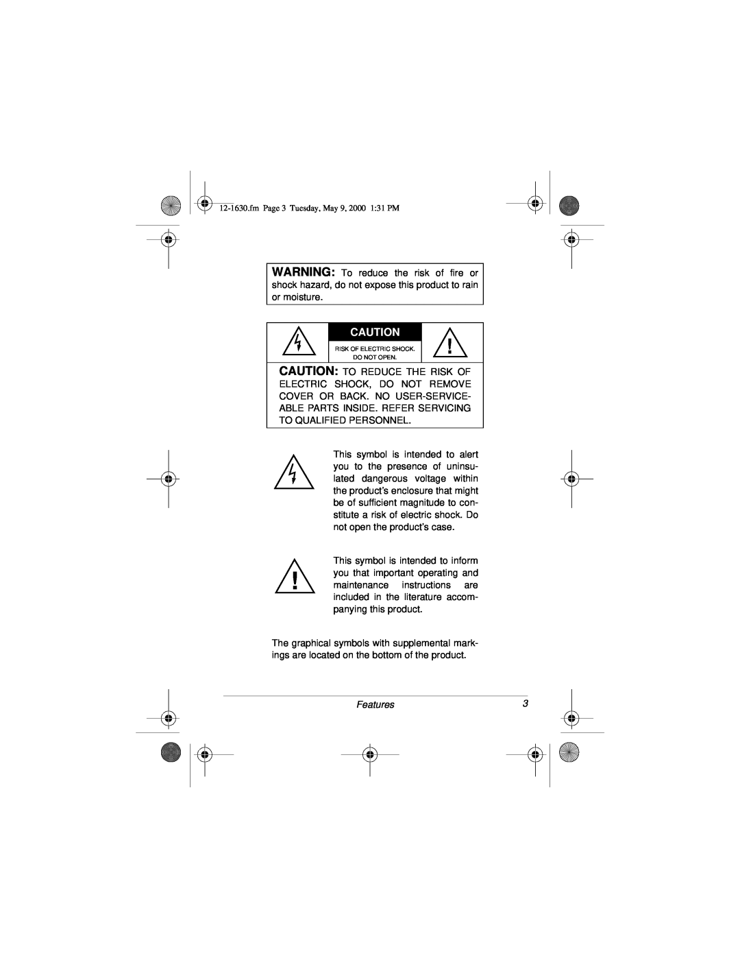 Radio Shack 12-1630 owner manual Caution To Reduce The Risk Of Electric Shock, Do Not Remove, Features 