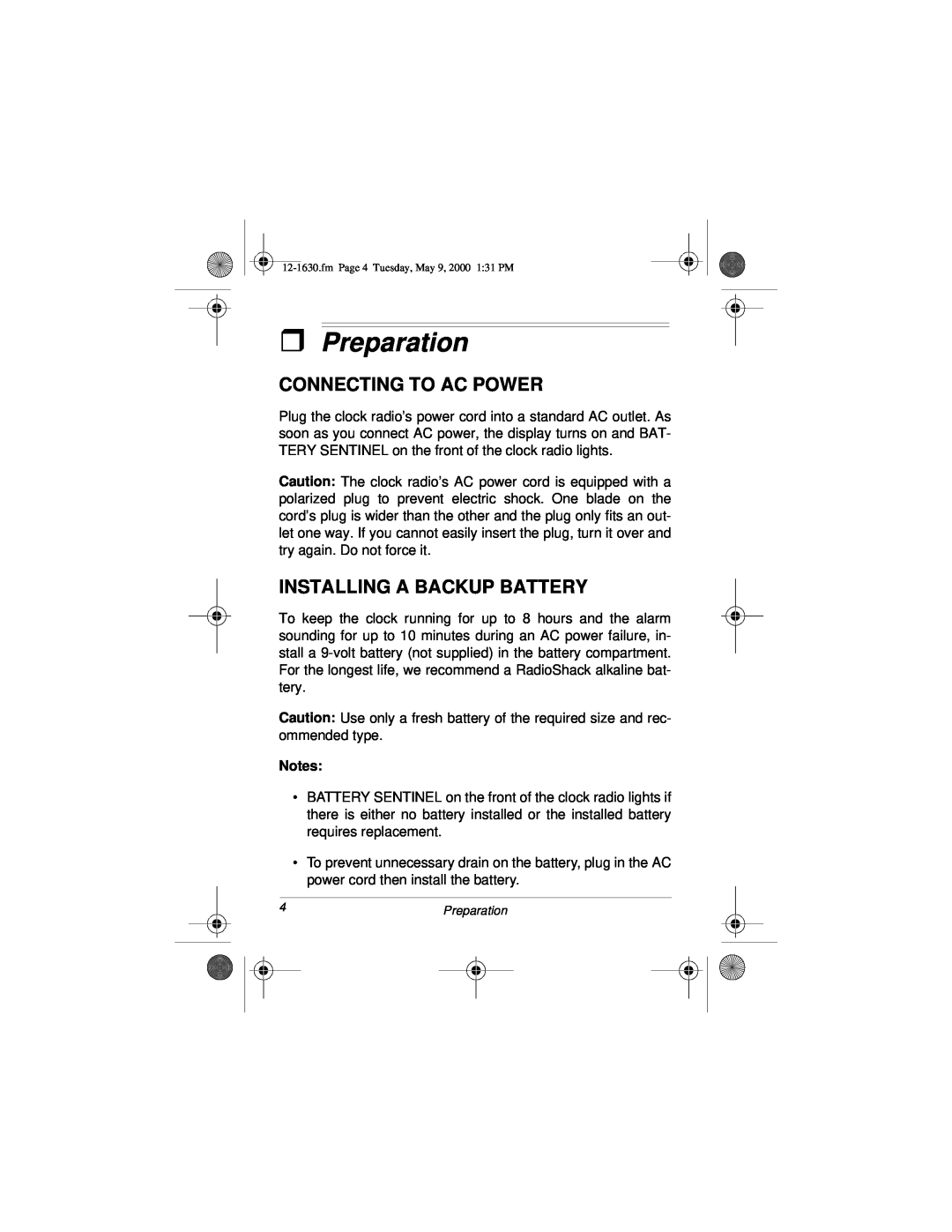 Radio Shack 12-1630 owner manual ˆ Preparation, Connecting To Ac Power, Installing A Backup Battery 