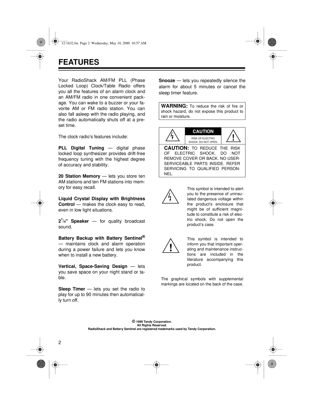 Radio Shack 12-1632 owner manual Features, Battery Backup with Battery Sentinel 