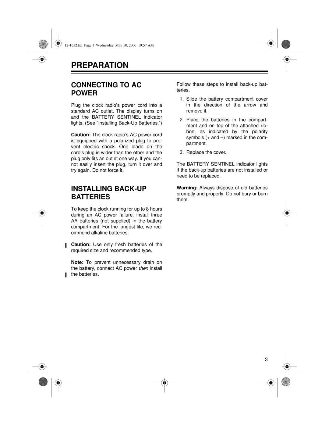 Radio Shack 12-1632 owner manual Preparation, Connecting to AC Power, Installing BACK-UP Batteries 