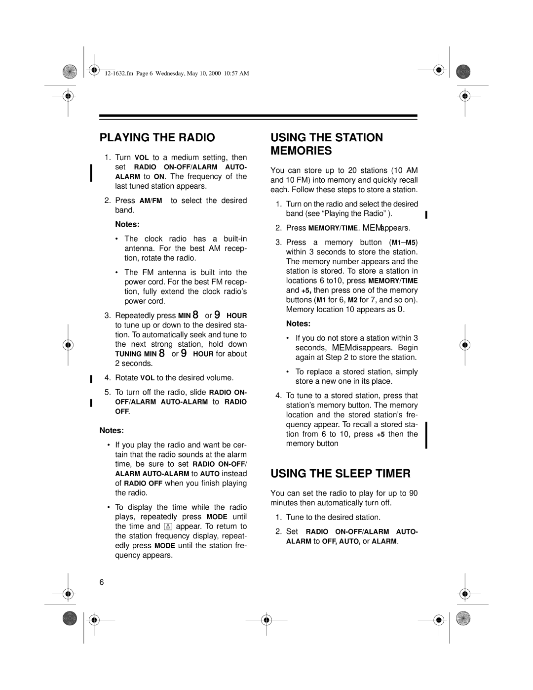 Radio Shack 12-1632 owner manual Playing the Radio, Using the Station Memories, Using the Sleep Timer 