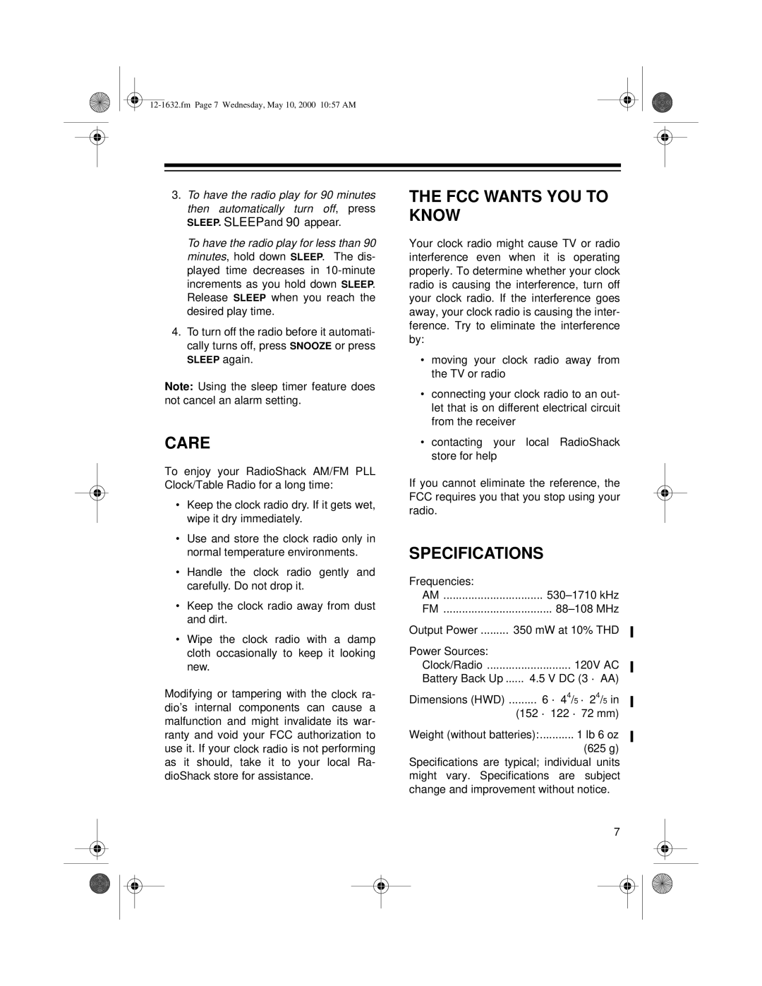 Radio Shack 12-1632 owner manual Care, FCC Wants YOU to Know, Specifications 