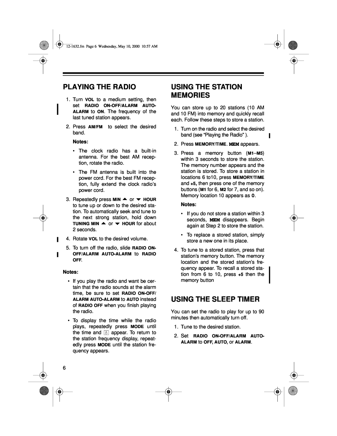 Radio Shack 12-1632 owner manual Playing The Radio, Using The Station Memories, Using The Sleep Timer 