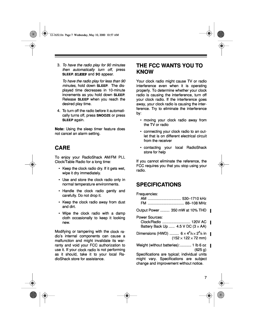 Radio Shack 12-1632 owner manual Care, The Fcc Wants You To Know, Specifications 