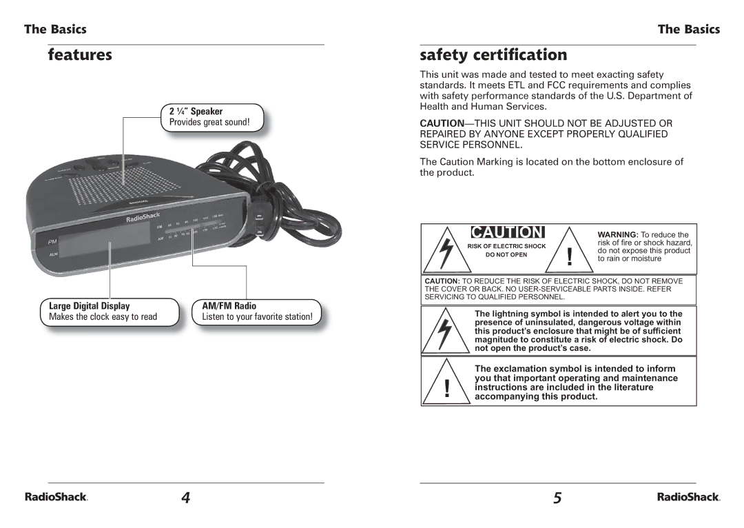 Radio Shack 12-1655 manual Features, Safety certiﬁcation 