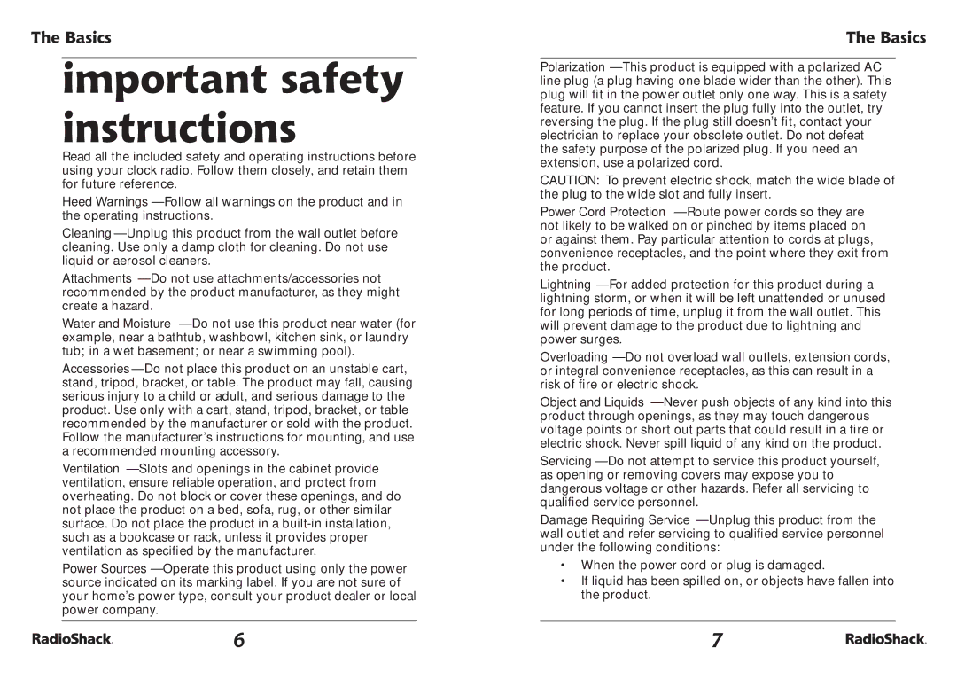 Radio Shack 12-1655 manual Important safety instructions 