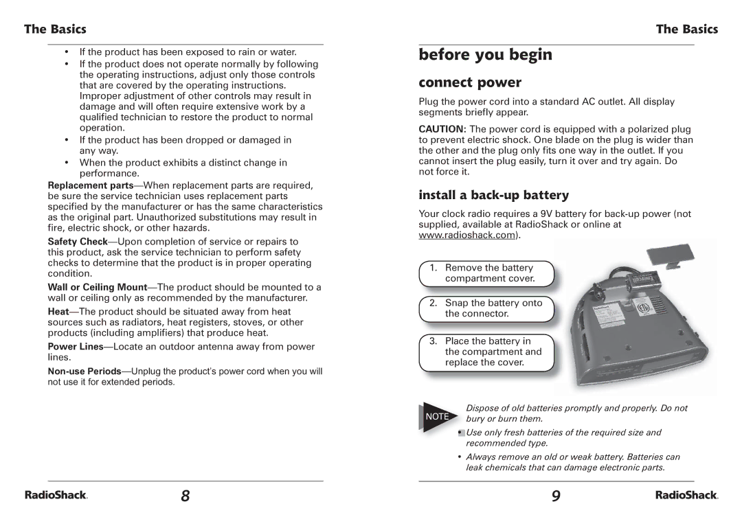 Radio Shack 12-1655 manual Before you begin, Connect power, Install a back-up battery 