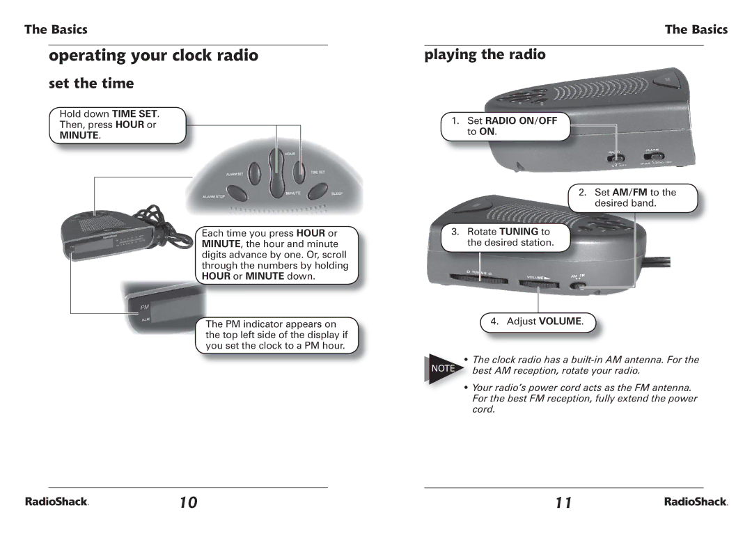 Radio Shack 12-1655 manual Operating your clock radio, Set the time, Playing the radio 