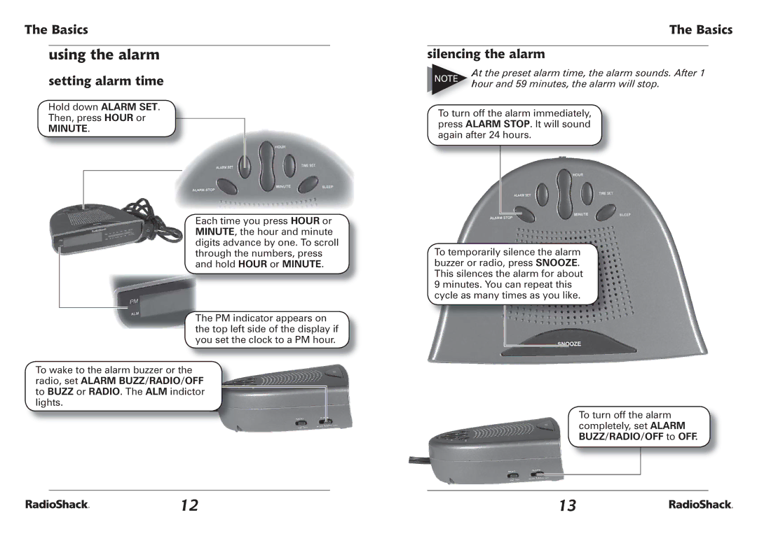 Radio Shack 12-1655 manual Using the alarm, Basics Silencing the alarm Setting alarm time 