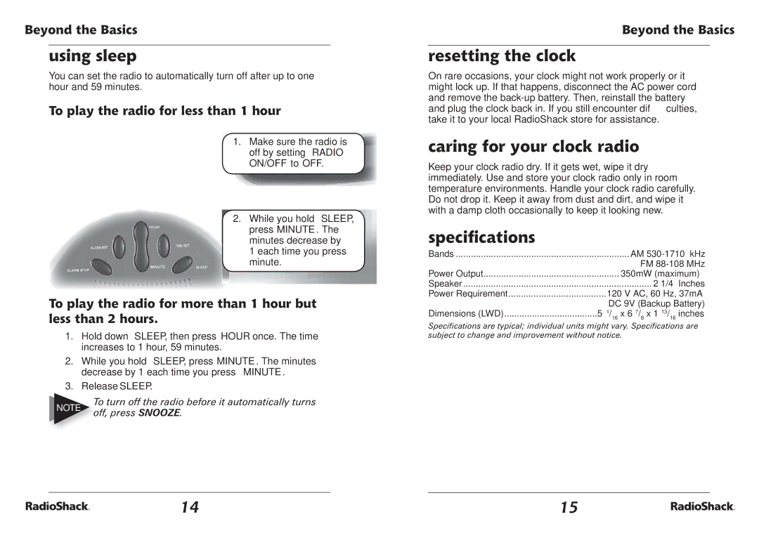 Radio Shack 12-1655 manual Using sleep, Resetting the clock, Caring for your clock radio, Speciﬁcations 