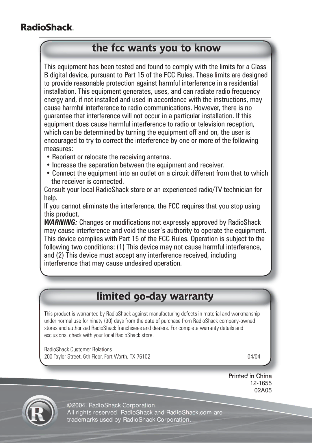 Radio Shack 12-1655 manual RadioShack Corporation 