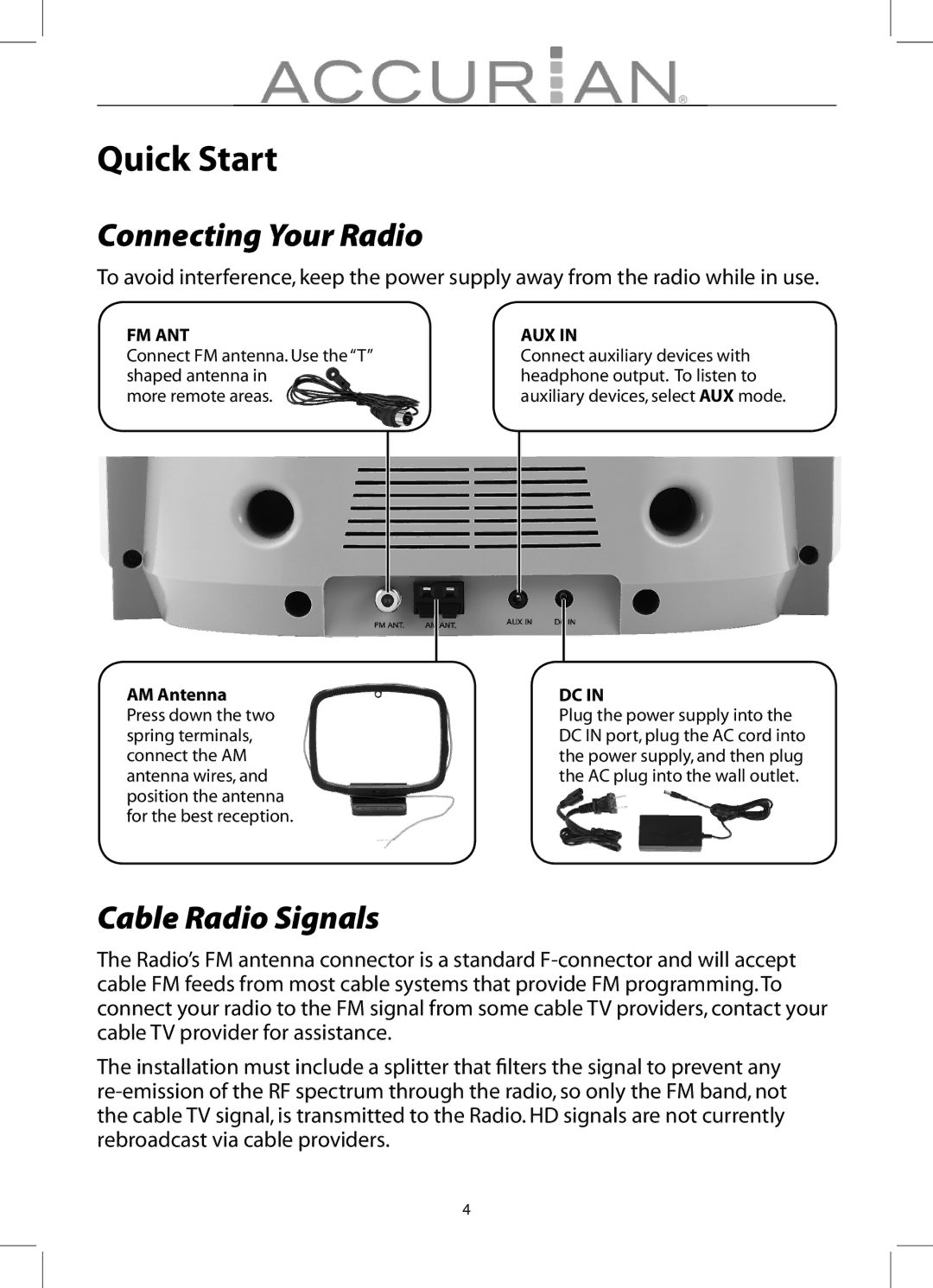 Radio Shack 12-1686 manual Quick Start, Connecting Your Radio, Cable Radio Signals, Fm Ant, Aux 