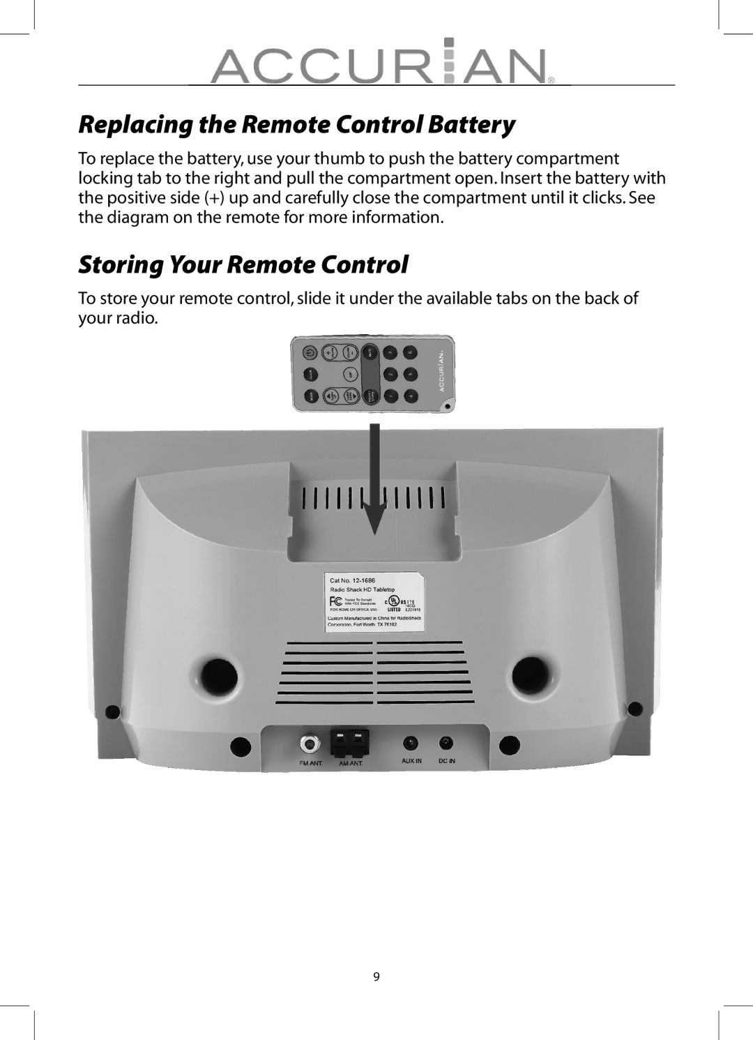 Radio Shack 12-1686 manual Replacing the Remote Control Battery, Storing Your Remote Control 