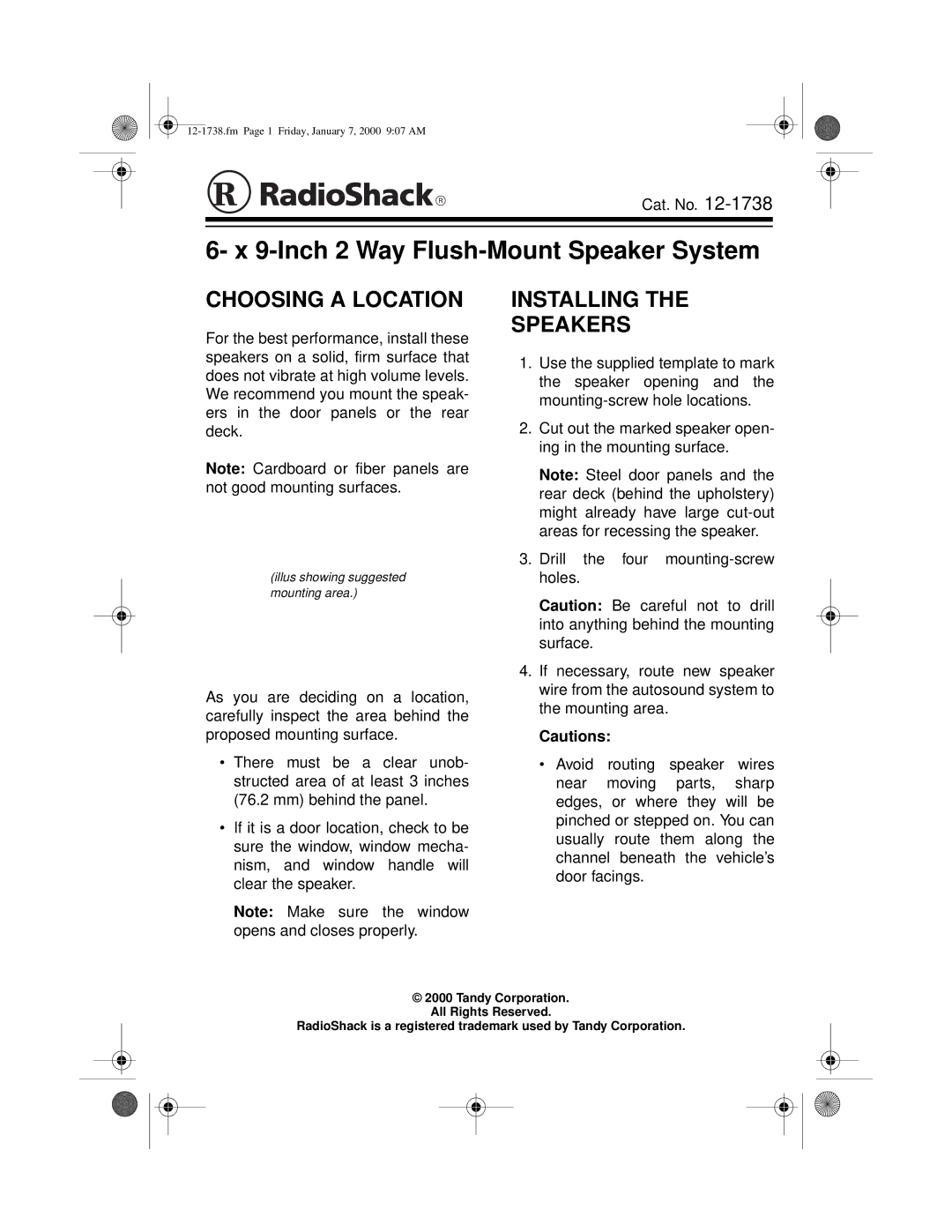 Radio Shack 12-1738 manual Choosing a Location, Installing Speakers 