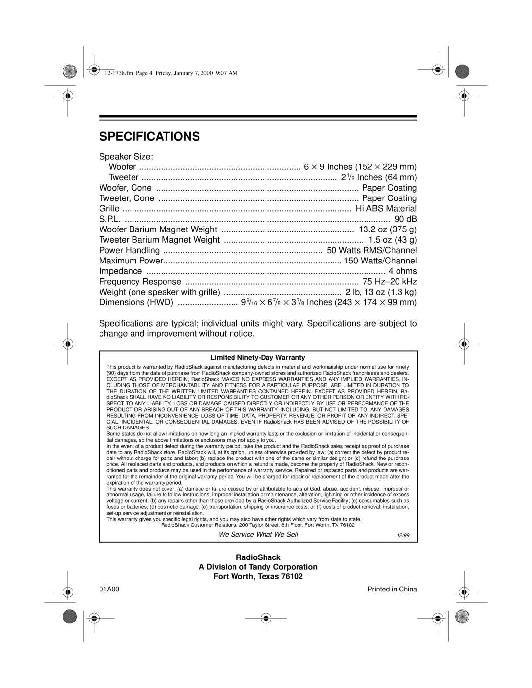 Radio Shack 12-1738 manual Specifications, Limited Ninety-Day Warranty 