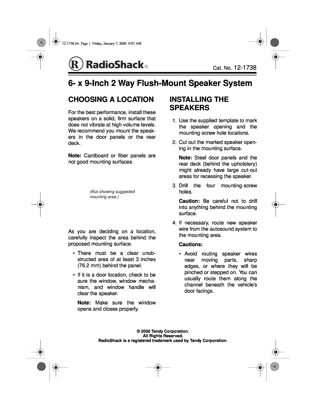Radio Shack 12-1738 manual Choosing A Location, Installing The Speakers, Cautions 