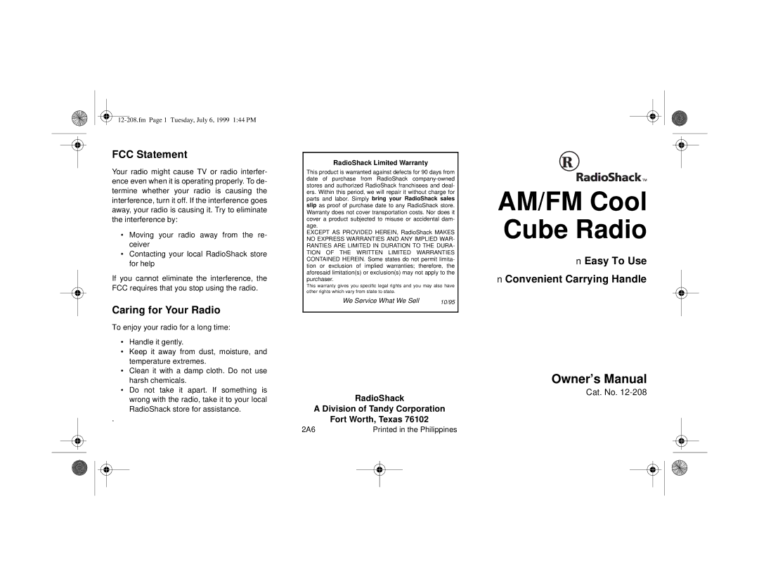 Radio Shack 12-208 owner manual AM/FM Cool Cube Radio, FCC Statement, Caring for Your Radio 