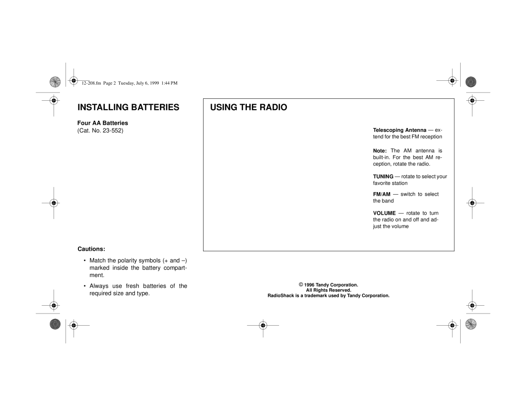 Radio Shack 12-208 owner manual Installing Batteries, Using the Radio, Four AA Batteries, Telescoping Antenna ex 