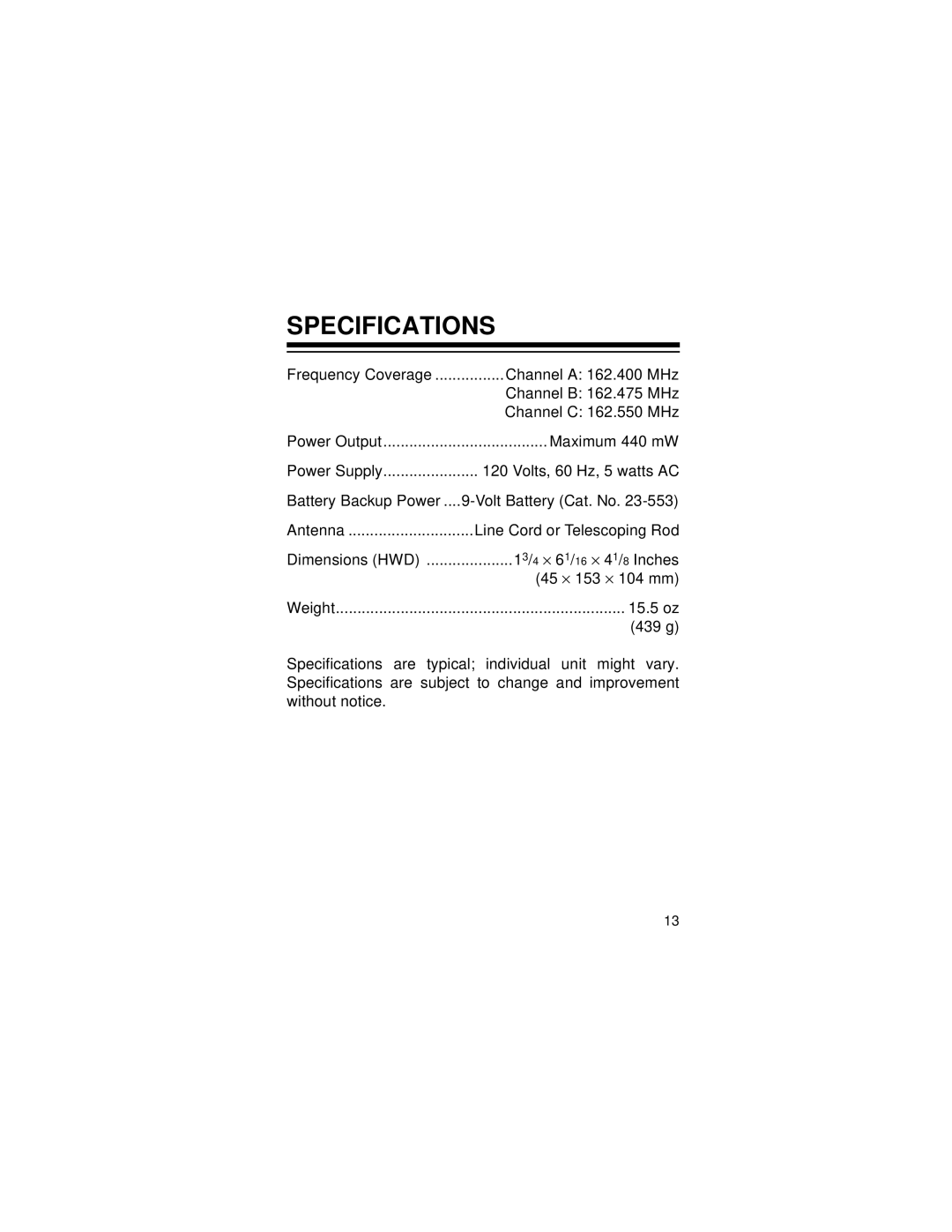 Radio Shack 12-240 owner manual Specifications 