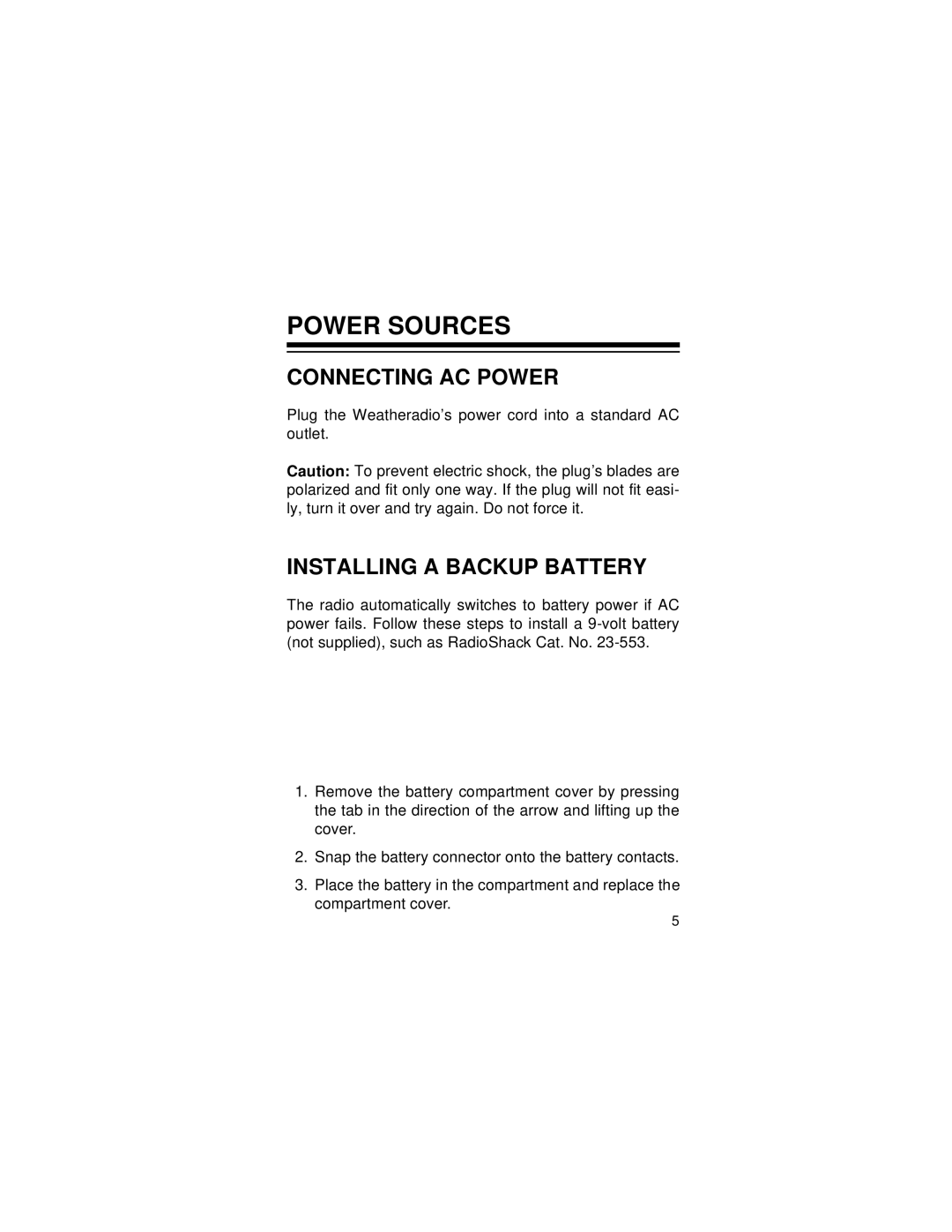 Radio Shack 12-240 owner manual Power Sources, Connecting AC Power, Installing a Backup Battery 