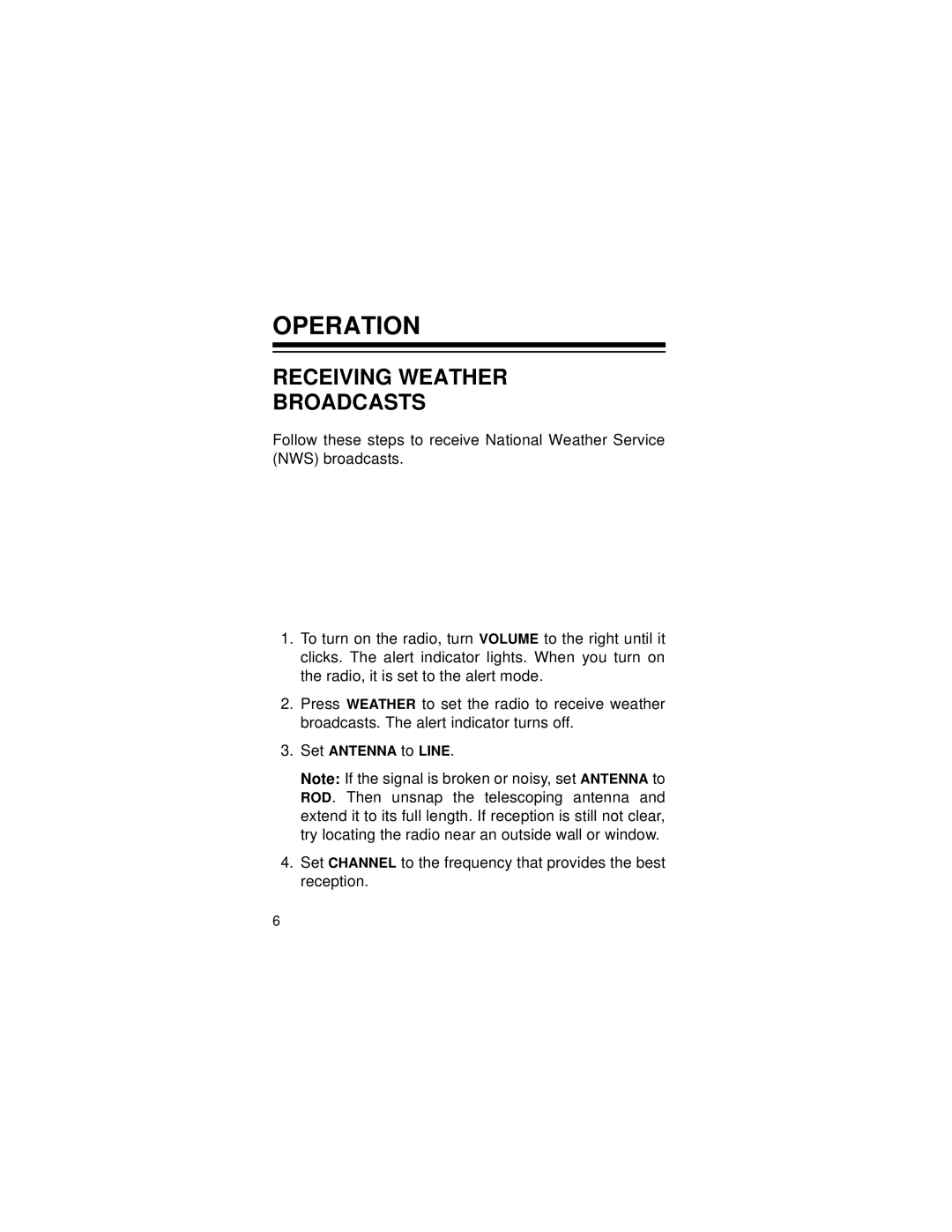 Radio Shack 12-240 owner manual Operation, Receiving Weather Broadcasts 