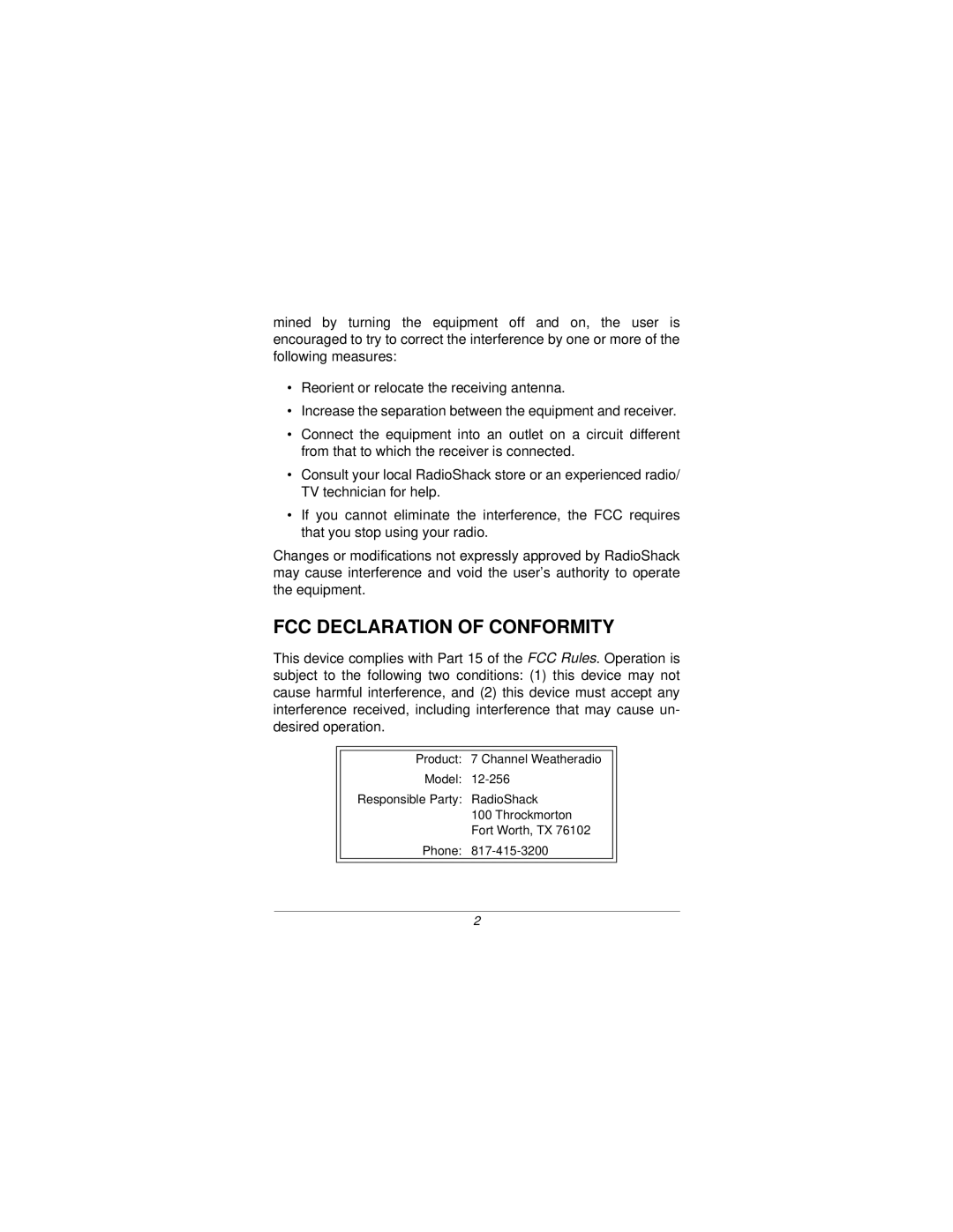 Radio Shack 12-256 specifications FCC Declaration of Conformity 