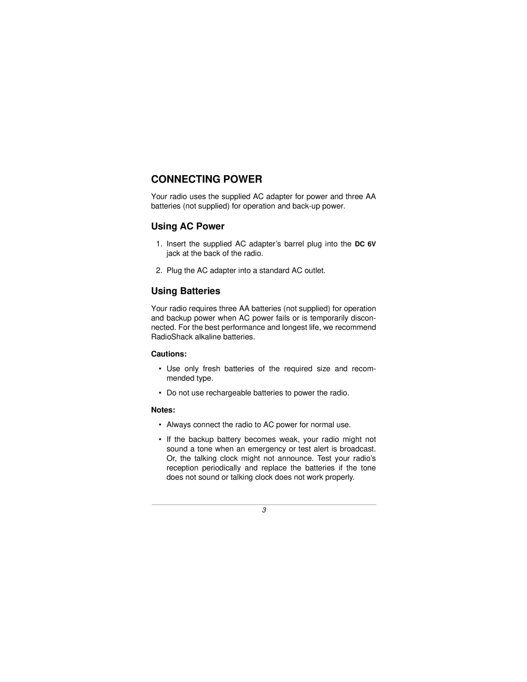 Radio Shack 12-256 specifications Connecting Power, Using AC Power, Using Batteries 