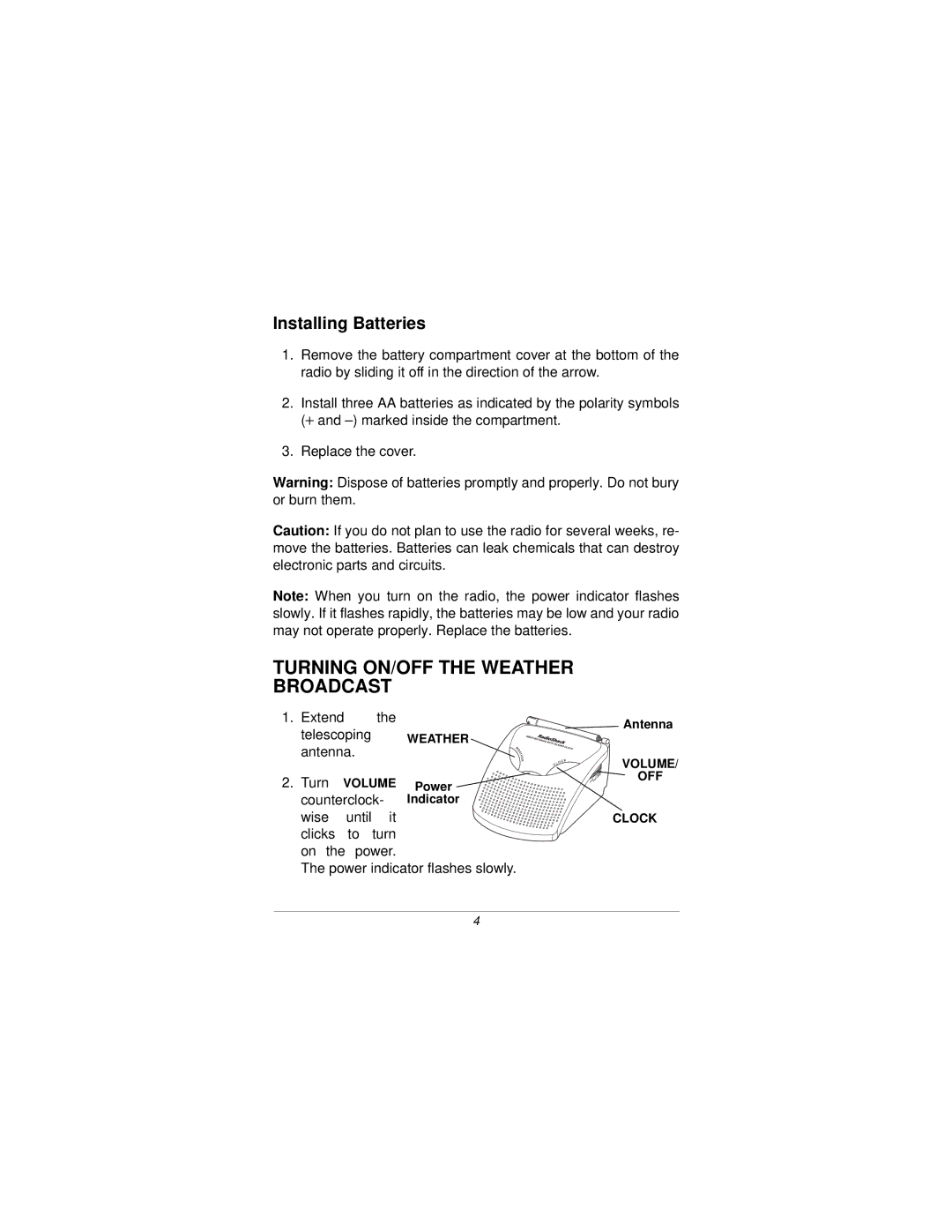 Radio Shack 12-256 specifications Turning ON/OFF the Weather Broadcast, Installing Batteries 