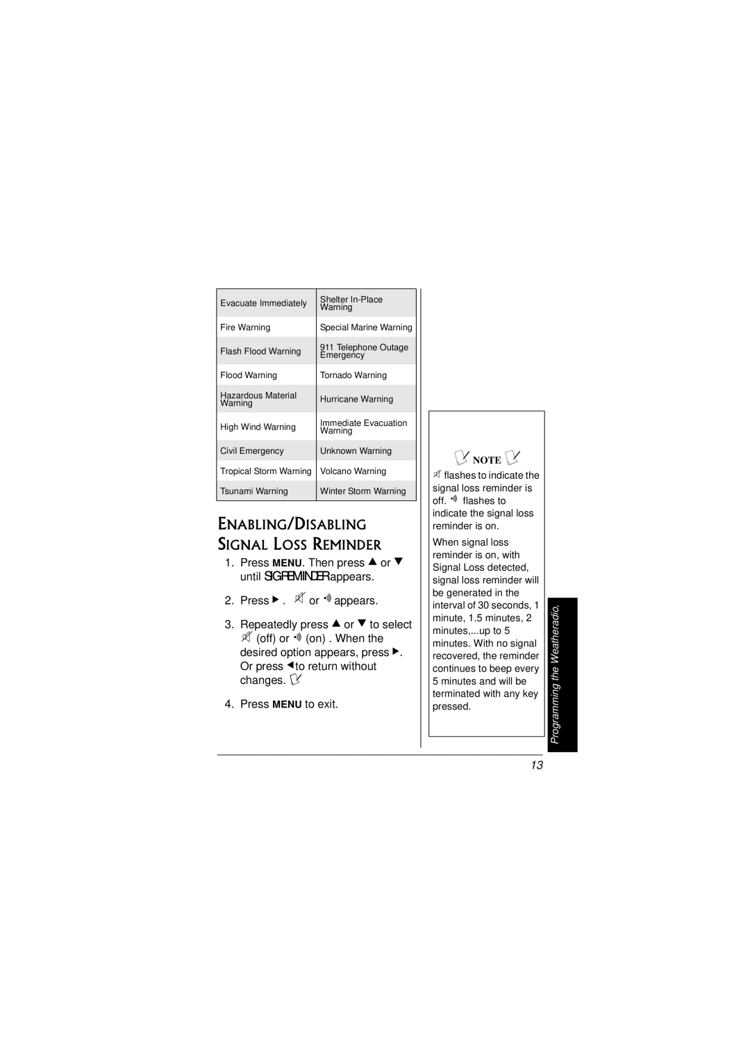 Radio Shack 12-259 owner manual ENABLING/DISABLING Signal Loss Reminder 