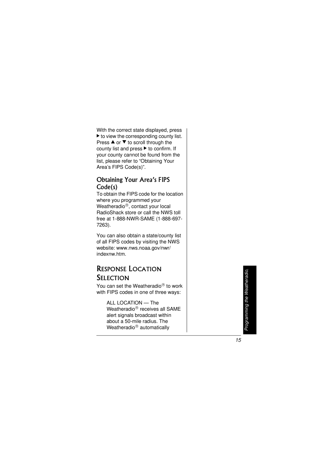 Radio Shack 12-259 owner manual Obtaining Your Area’s Fips Codes, Response Location Selection 