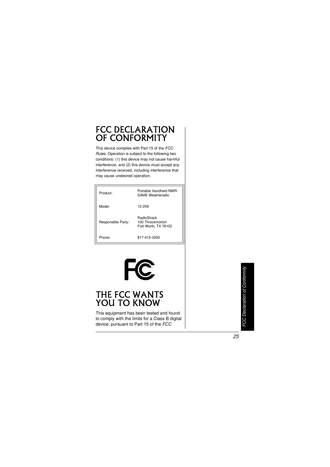 Radio Shack 12-259 owner manual FCC Declaration of Conformity, FCC Wants YOU to Know 