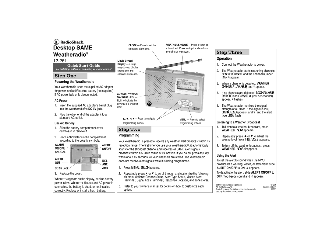 Radio Shack 12-261 quick start Step One, Step Three, Step Two 