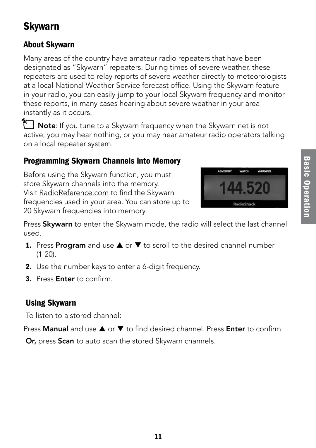 Radio Shack 12-519 manual About Skywarn, Programming Skywarn Channels into Memory, Using Skywarn 