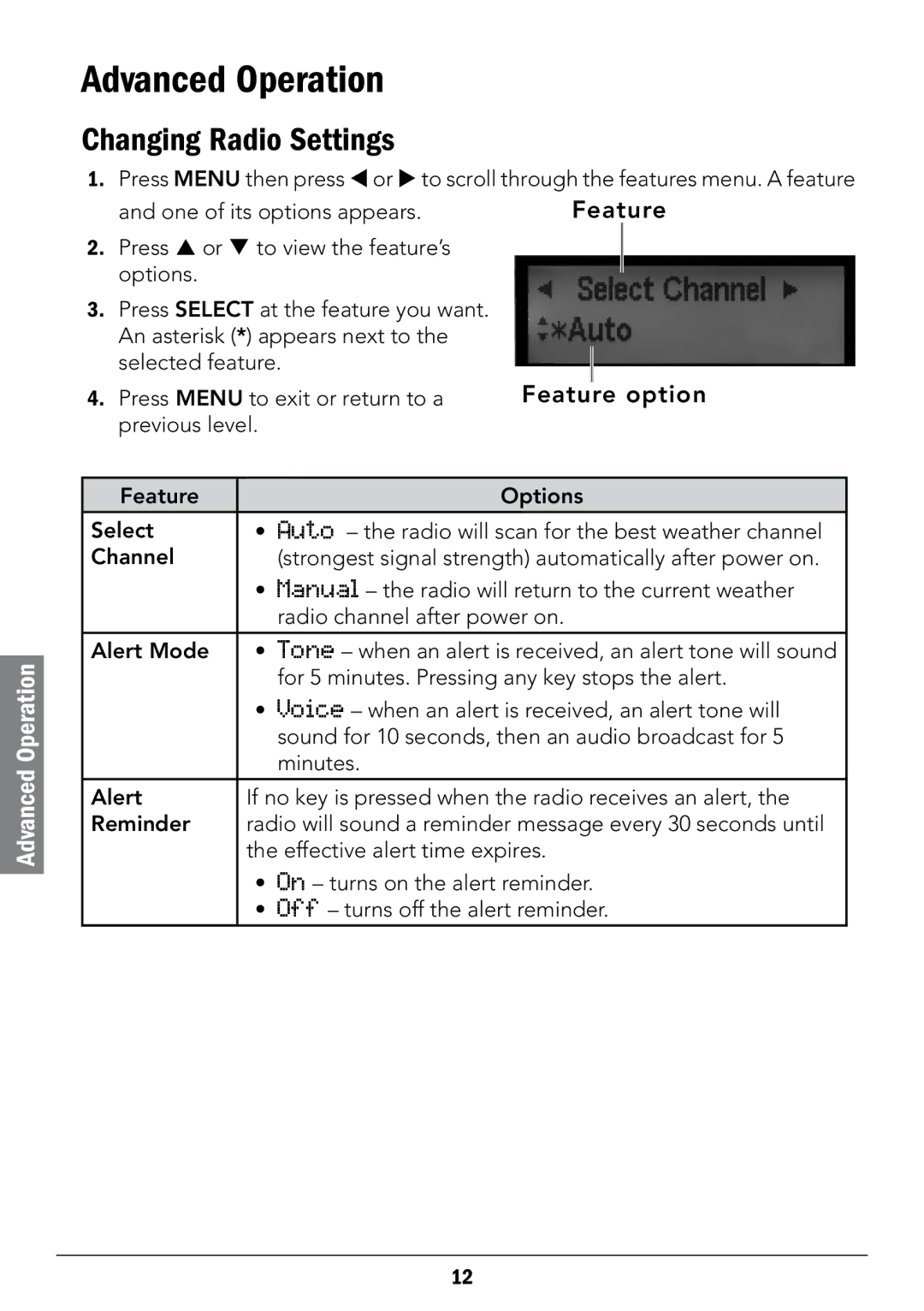 Radio Shack 12-519 manual Advanced Operation, Changing Radio Settings 