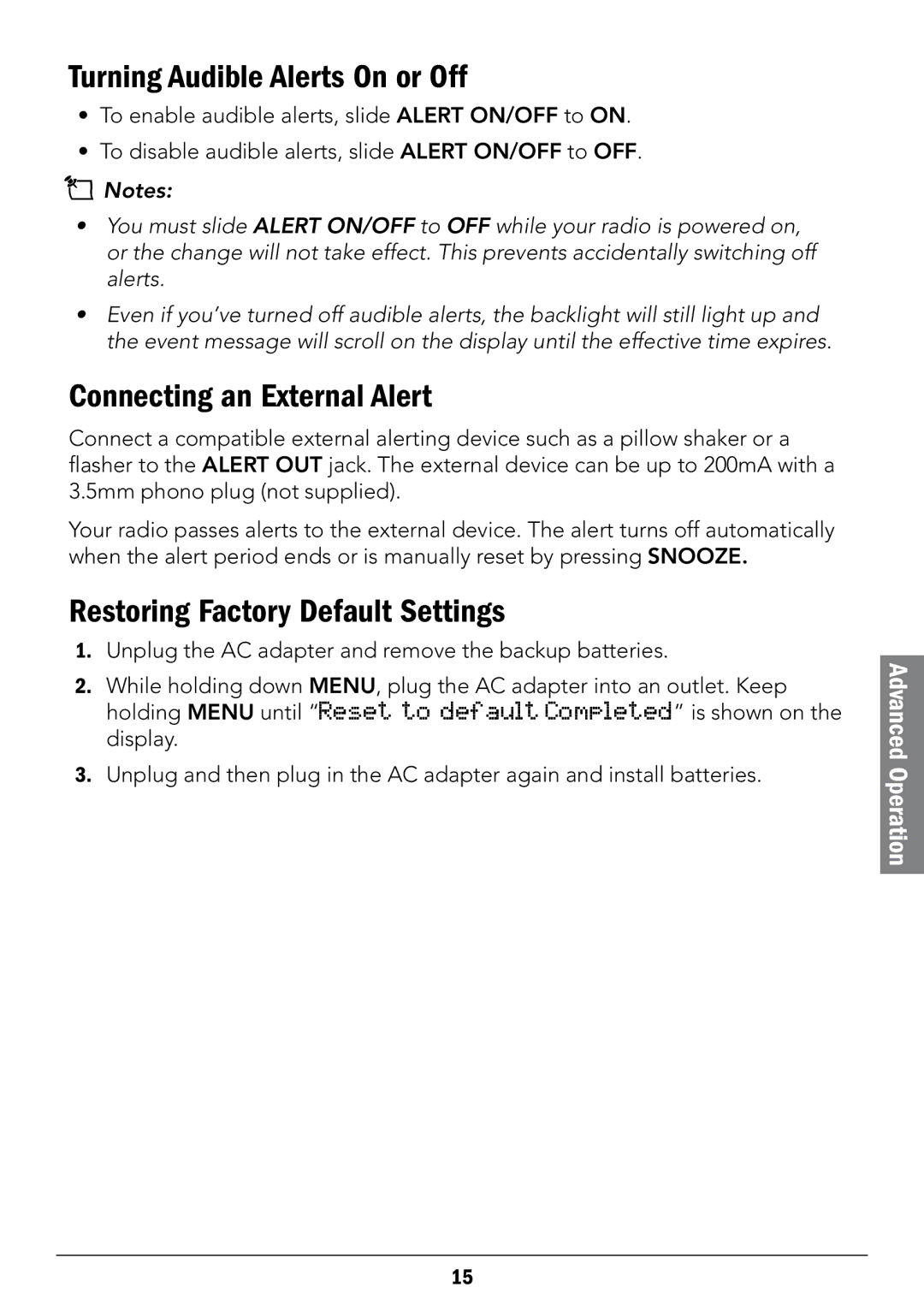 Radio Shack 12-519 Turning Audible Alerts On or Off, Connecting an External Alert, Restoring Factory Default Settings 