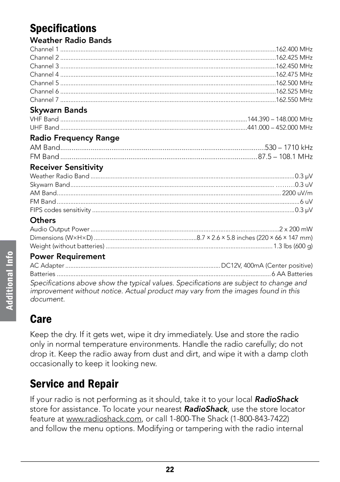 Radio Shack 12-519 manual Specifications, Care, Service and Repair 