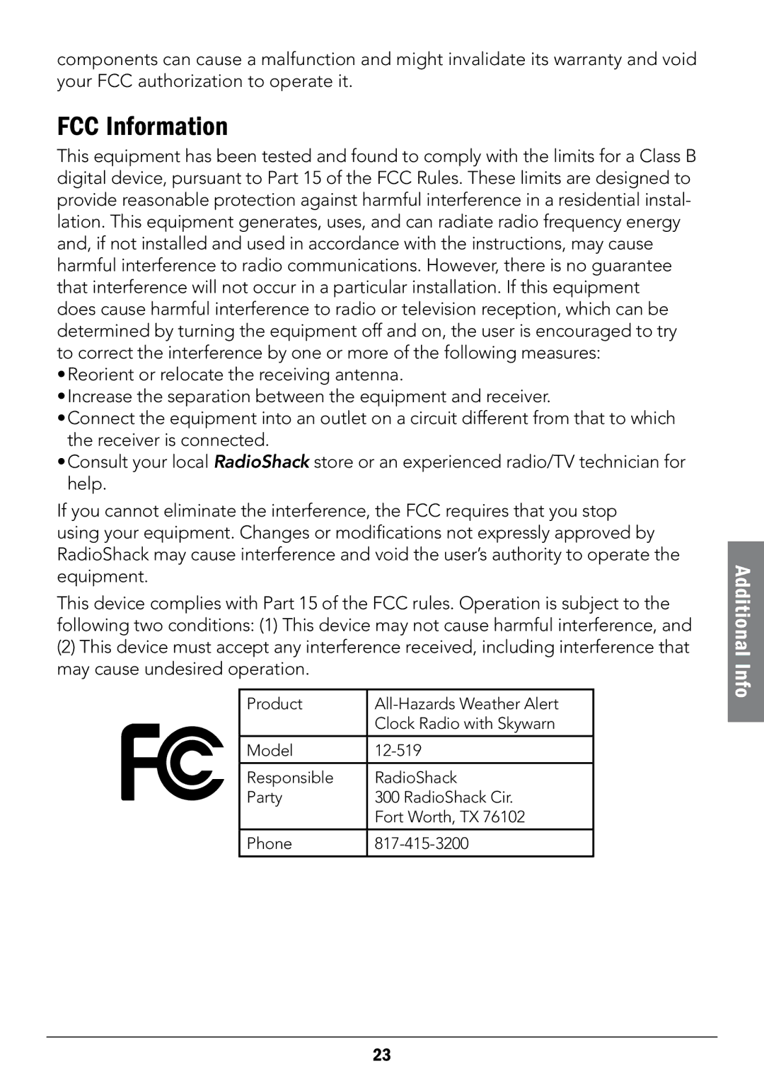 Radio Shack 12-519 manual FCC Information 