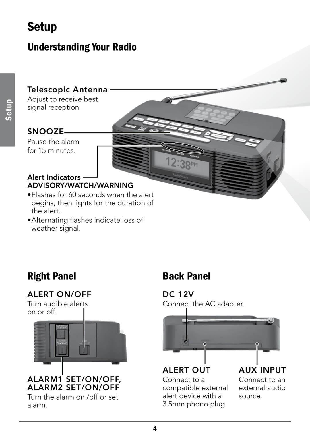 Radio Shack 12-519 manual Setup, Understanding Your Radio, Right Panel Back Panel 